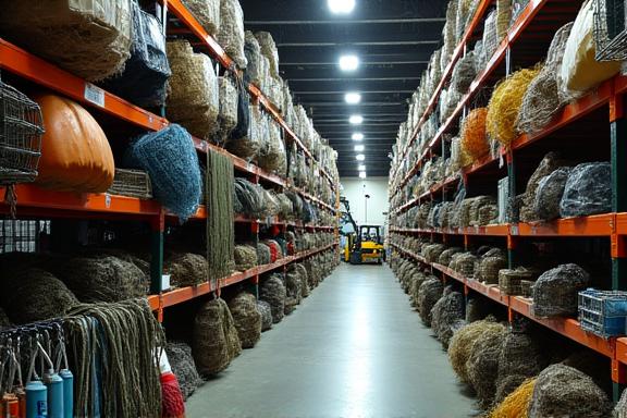 A large, well-organized warehouse stocked with fishing gear