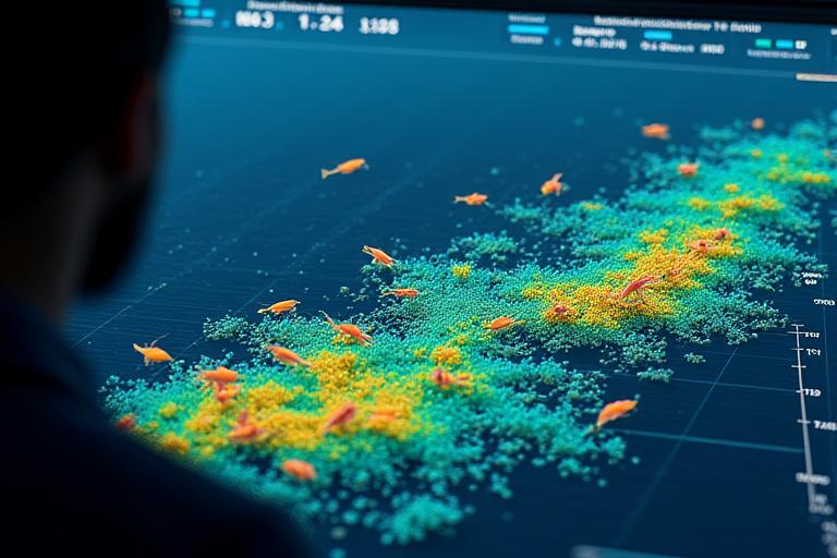 A user interface showing a 3D map of the seabed with fish schools highlighted